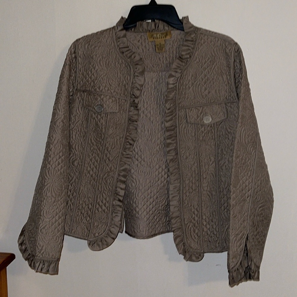 Peck & Peck Taupe Quilted Cardigan with Ruffle Trim